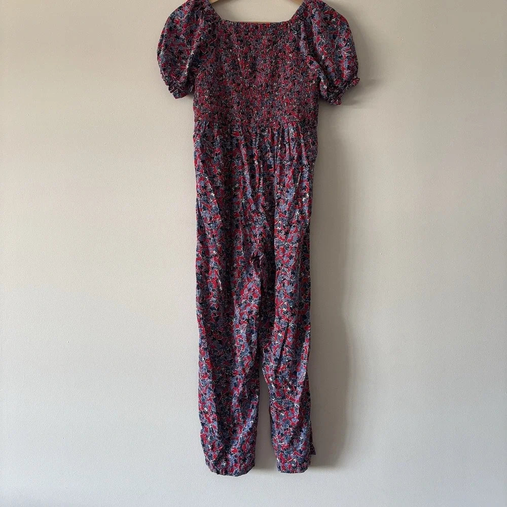 Crewcuts Girls 10 Red Blue Floral Jumpsuit Puff Sleeve Smocked Preppy‎ School